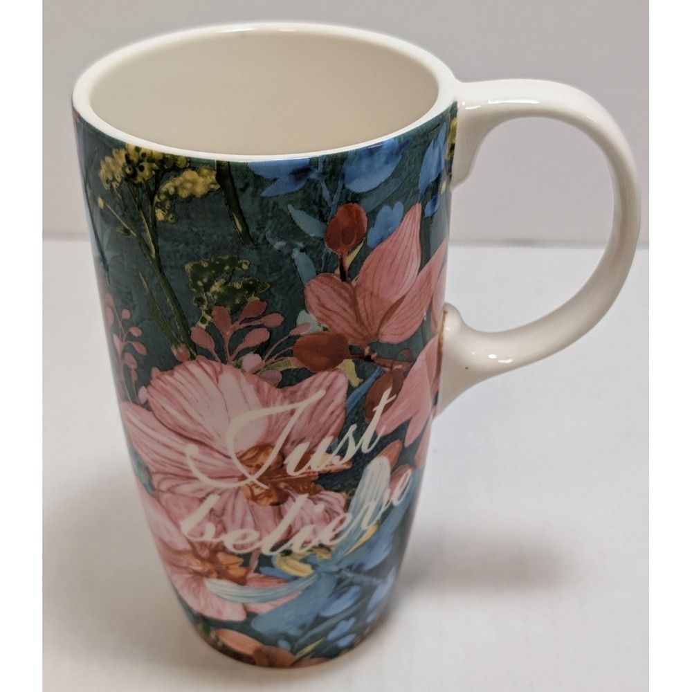 GreaterGood Tall Ceramic Mug 18 fl oz Floral "Just Believe" Inspirational